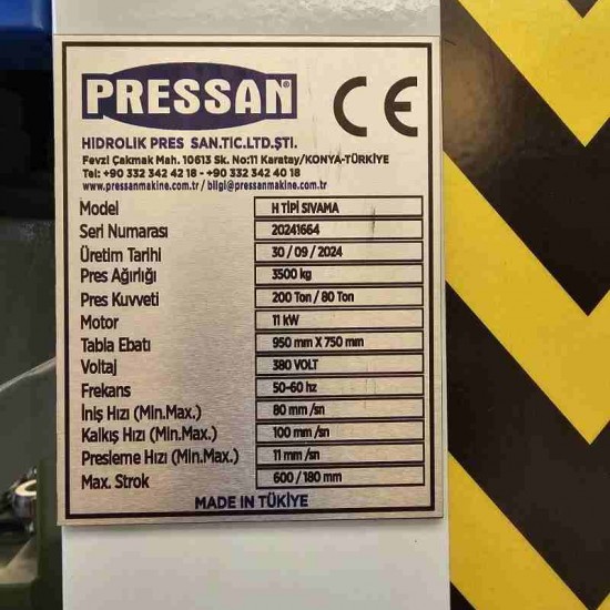 200 Ton Pressan H Tipi Sıvama Pres  Model Yılı : 2024 
